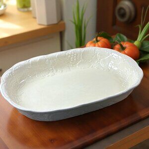 Nikko “Woodbury” 11" Oval Baker – Embossed Fruit Rim – Japan – Oven to Table – D